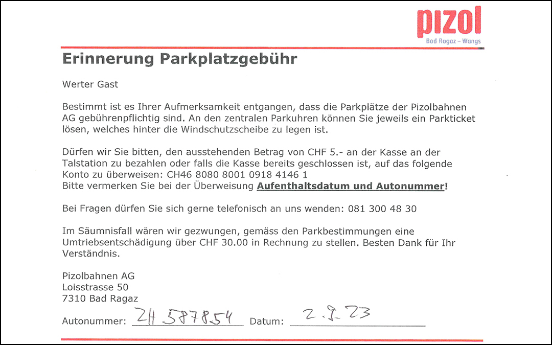 Erinnerung Parkplatzgebühr Pizolbahnen AG
